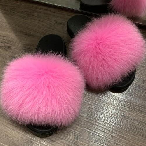 Fox fur slides ladies real fur slippers women natural fur slippers