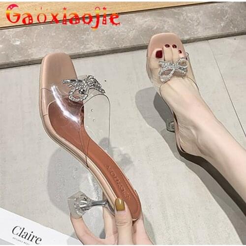 High Heel Slipper 2021 Summer New Diamond Bow Transparent PVC Women Sandals Fashion Perspex 8CM Square End Crystal Shoes Size 42