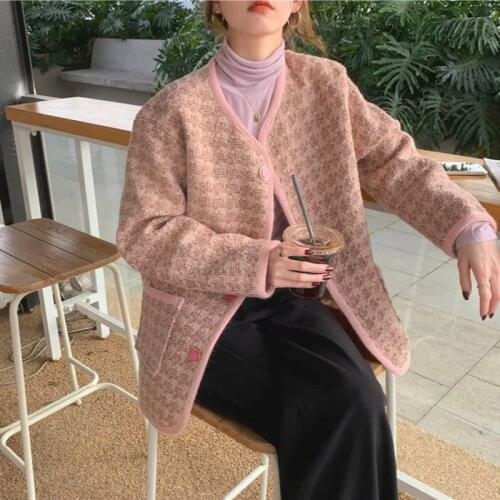 High Quality Korean Temperamental Outerwear Vintage Elegant Women Plaid Loose Coat Oversized Sweet All-Match Chic Lady Jacket