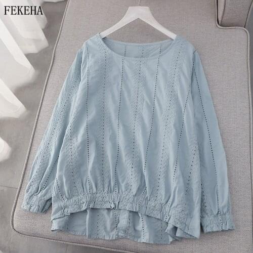 White Shirts Women Blouses Hollow Out O Neck Long Sleeve Lady Tops Pullover Loose Female Clothes Solid Color Autumn New Arrivals