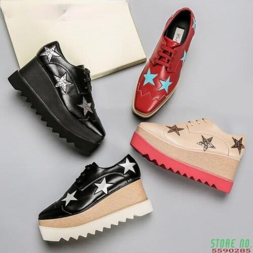 Woman Loafer Stars Women Square Toe Lace-up Thick Bottom Platform Wedge Shoes, Height increasing star shoes women 35-41