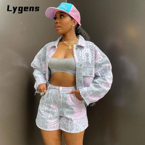 Lygens 2021 Autumn Winter Women Paisley Print Long Sleeve Jacket Shorts 2 Pieces Set Loose Casual Tracksuit Streetwear Y2K