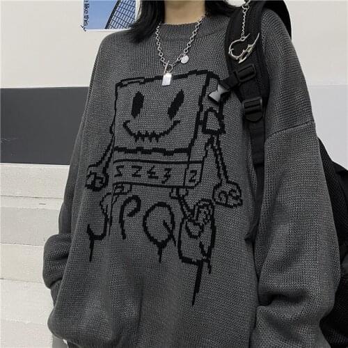 Y2K Chic Cartoon Print Streetwear Oversized Sweater Womens Casual Autumn Winter Knitted Jumper Fashion Loose Knitwear Pullovers