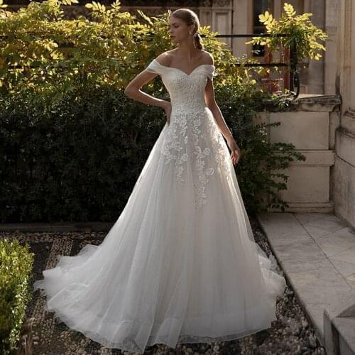 Off The Shoulder A-Line Wedding Dress 2021 Sweetheart Lace Appliques Backless Tulle Elegant Bridal Gown For Women Sweep Train