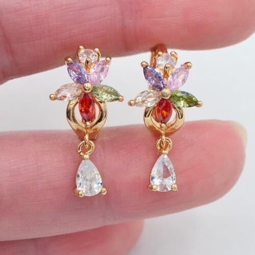 Gold Color Rainbow Zircon Crystal Flower Huggie Hoop Earrings for Women Wedding Jewelry