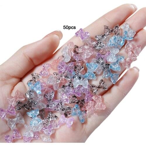 60% Hot Sale 50Pcs/Set Nail Bow Ornament Aurora 3D Resin Manicure Glitter Bowknot DIY Rhinestone for Beautify