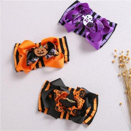 Baby Headband Cartoon Halloween Pumpkin Hair Bows Striped Party Hairband Stretchy Children Headwraps Carnival Hair Accessories