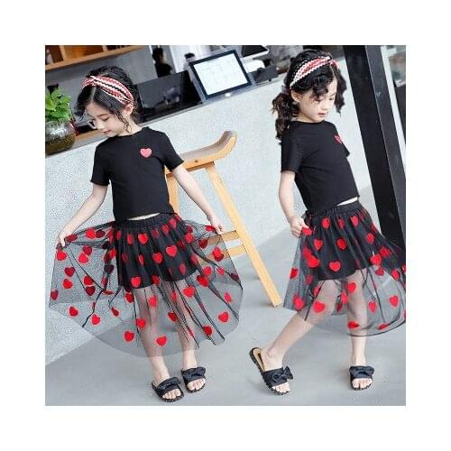 4-8 years childrens new summer girls baby yarn dress pants short-sleeve T-shirt solid color love suit children two-piece suit