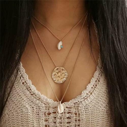 HOCOLE Bohemian Shell Pendant Necklace For Women Fashion Sea Shell Multi-layer Crystal Chain Choker Necklace Beach Jewelry Gifts