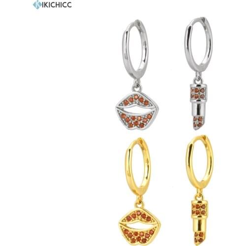 Kikichicc 925 Sterling Silver Red Zircon CZ Kiss Lipstick Drop Earring Pendiente Rock Punk High Quality Clips On Earring Jewels
