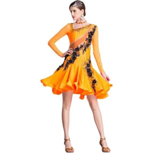 L-18333 Ballroom Sexy Outfit Dress Latin Dance Dresses for Women Orange Stage Costumes Dance Costume Ruffle Latin Dress