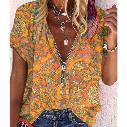Summer Vintage Womens Zipper Blouse Retro Print V-neck Zipper Short Sleeve Loose Shirt Blouse Ladies Casual Breathable Tops