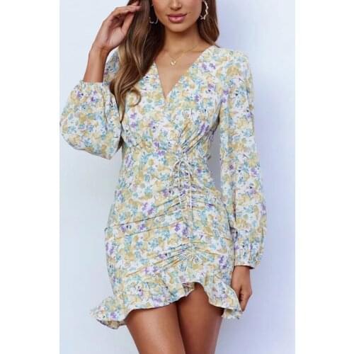 GypsyLady Floral Printed Mini Dress Vintage Chic Autumn Holiday Women Dress Long Sleeve V-neck Ruffle Ruched Sexy Ladies Dresses