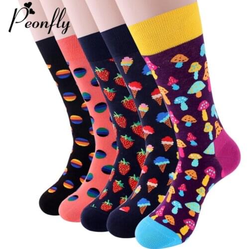 PEONFLY Colorful Cotton Mens Socks Funny Mushroom Strawberry Geometric Calcetines Happy Casual Skate Harajuku Socks