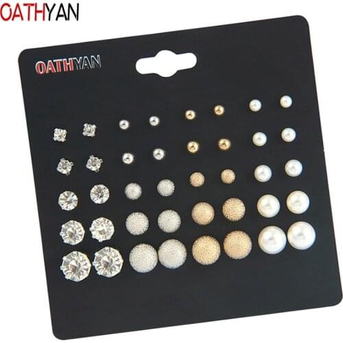 OATHYAN 20 Pairs/Set Classic Ball Round Simulated Pearl Stud Earrings Set For Women Girls Gifts Metal Crystal Rhinestone Earring