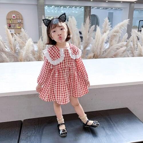 Girls dress autumn new fashion plaid long-sleeved lace lapel children princess dress for 2-6 years old baby