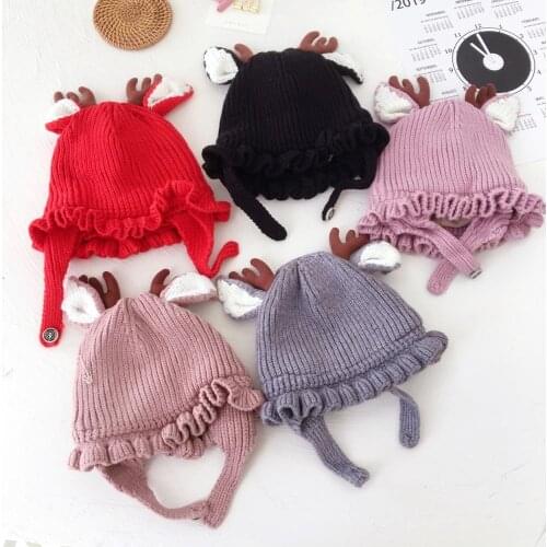 Kids Children Child Baby Skullie Beanies Boy Girl Hat Cap Winter Christmas Cartoon Elk Horn Ear Warm Elastic Fashion Accessories