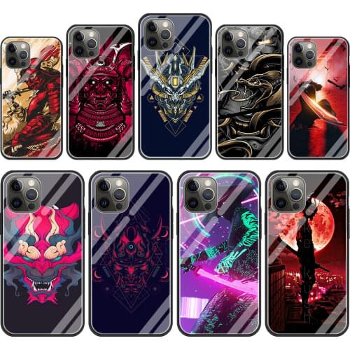 Japanese Samurai mask Tempered Glass Phone Case for iPhone 11 12 Pro XR X 7 8 XS Max 6 6S Plus SE 2020 Cover Shell Coque Capa