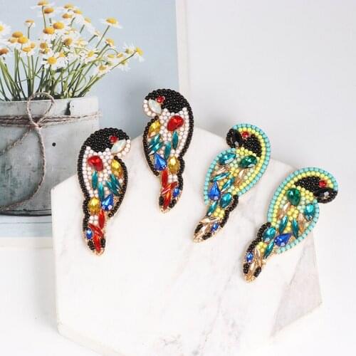 JURAN Boho Handmade Beads Rhinestone Animal Parrot Bird Earrings Vintage Multicolor Crystal Drop Earrings For Women Jewelry Gift