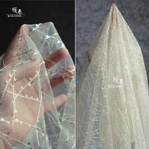 Sequined Yellow Tulle Fabric Interlaced Lines Perspective DIY Background Decor Stage Skirt Gown Wedding Dress Designer Fabric