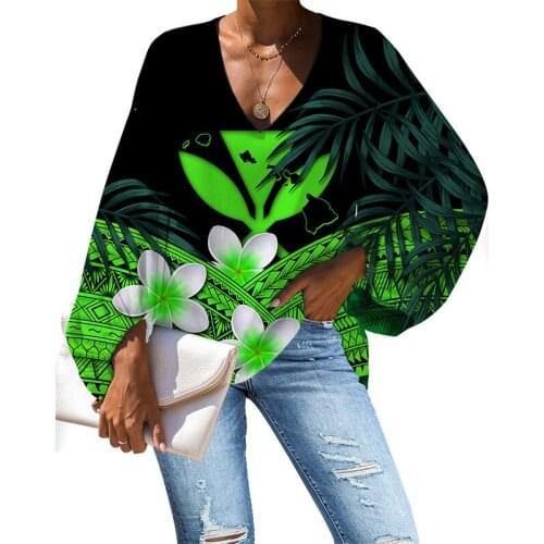 HYCOOL Autumn Sexy V-Neck Long Sleeve Tops Women Green Hibiscus Print Plus Size Polynesian Clothes Lantern Sleeve Chiffon Blouse