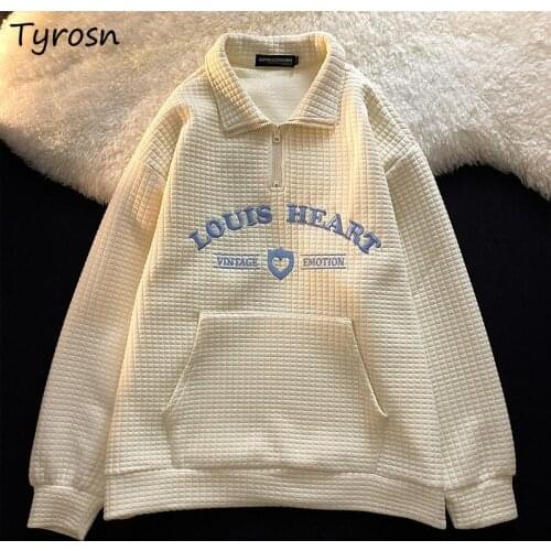 Hoodies Women Turn-down Collar Embroidery Trendy Loose Casual Harajuku Couples Unisex Sweet Lovely All-match Ulzzang Temperament