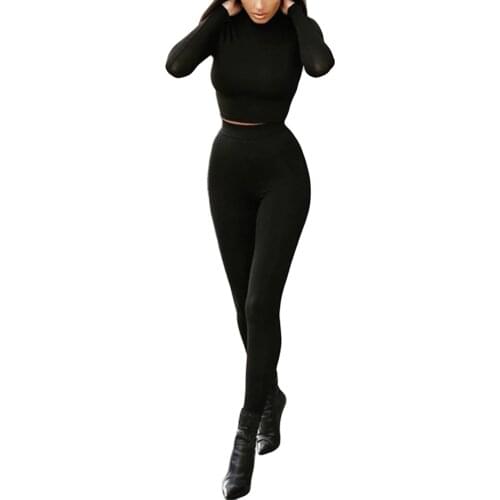 2020 Women Casual Sports Clothes Solid Color Long Sleeve Crop Top+High-Waist Skinny Pants Female Spring Autumn Outfits 2Pcs Sets