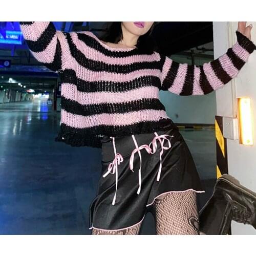 Women Punk Gothic Striped Long Sleeve Loose Patchwork Sweater Hip Hop Retro Oversize Pullover Casual Knitted Jumpers