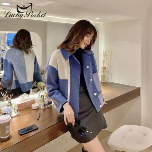 Women Fall Winter Blue Slim Female Patchwork Wool Short Woolen Coat Female England Style Parkas Ladies Fashion Outerwear ZM86