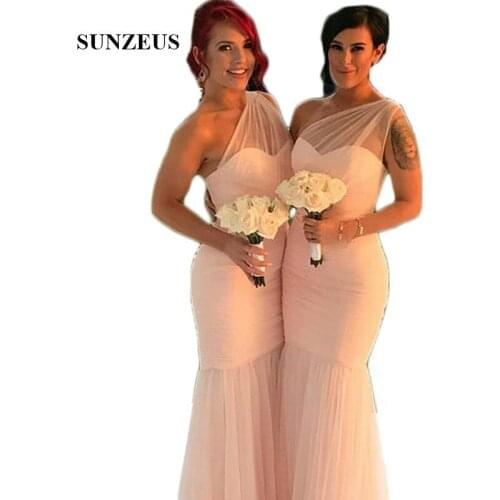 One Shoulder Pink Tulle Bridesmaid Dresses 2020 Newly Pleats Wedding Party Dress for Women Prom Gowns Sheath vestido largo SBD91