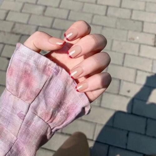 24pcs Artificial Nails With Glue Tender Super Fairy Temperament Red Edge French Simple Finished Fake Nails Press On Nails DL