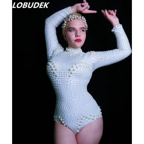 White Beads Long Sleeve Stretch Bodysuit Pearls Elastic Tight-fitting Bodysuits Sexy Bar Nightclub Singer Dancer DJ Costume