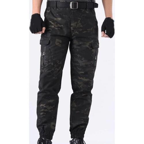Multi Pockets Training Slacks Deep Crotch Camouflage Print Ankle Tied High Waist Men Cargo Pants for Outdoor Sports