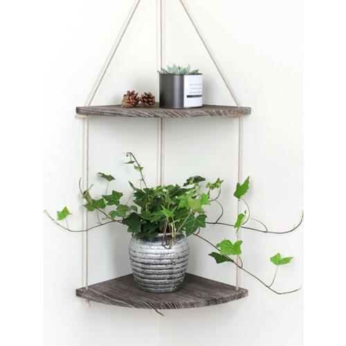 Rustic Wooden Hanging Rope Shelf-Handmade Solid Wood Floating Shelves Home Decorative Wall Mounted Rack #8