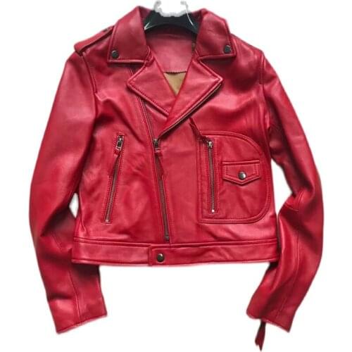 Spring Autumn Women Genuine Leather Jacket Ladies Red Solid Zipper Biker Coat Sheepskin Female Casual Outwear