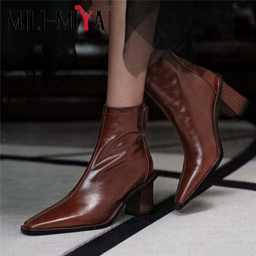 MILI-MIYA New Arrival Women Full Genuine Leather Ankle Boots Square Toe Zipper Thick Heels Plus Size 34-40 Handmade For Ladies