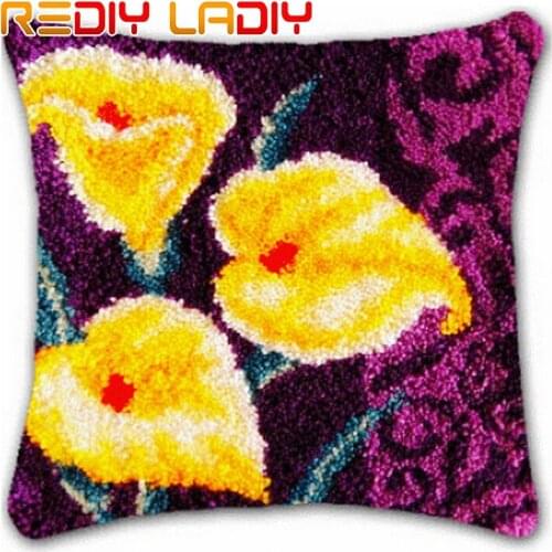 Latch Hook Kits Sunflowers Cushion Cover Pre-Printed Canvas DIY Yarn Crochet Crafts Pillow Case Size 43x43cm Sofa Bed Pillows