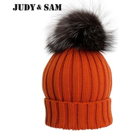 New Fashion Quality 16 Colors Wool Blend Hats For Boys and Girls with Genuine Silver Fox Fur Pom Pom Adult Size Beanie Caps