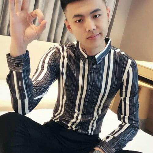 Autumn Striped Shirt Mens Long-sleeved Slim Handsome Fashion Brand Popular High-end Clothes