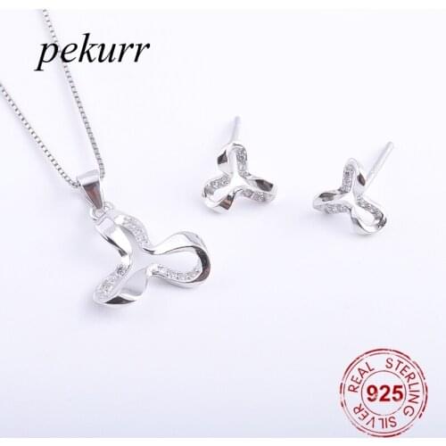 Pekurr 925 Sterling Silver Hollow Clover Leaf Flower Earrings Necklace Sets For Women Silver Hoop Leaf Pendants Jewelry Set