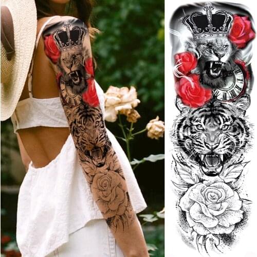 Shout Tiger Temporary Tattoos For Men Women Body Art Full Arm Sleeve Rose Tatoo Waterproof Fake Lion Crown Tattoo Sticker Animal
