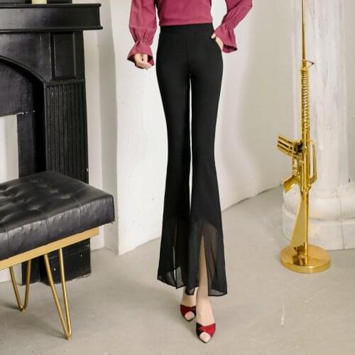 Flare Pants Summer Spring New Full Length High Waist Womens Trousers Split Elegant Casual Female Elastic Waist Bell Bottom