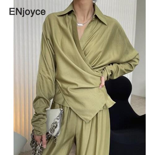Vintage Rayon Slimming Elastic Waist Shirts Women Korean Style Long Sleeve Blouse Spring Fall Fashion Ladies V-Neck Lapel Shirt