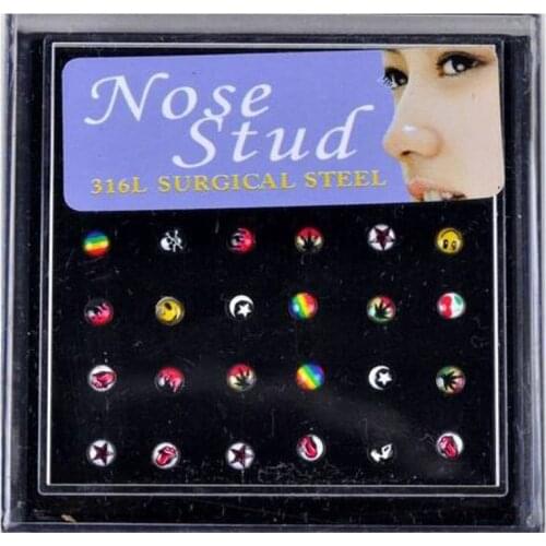 SaYao 24pcs 18G Free Display Box Nose Stud Rings,Body Piercing Jewelry Nostril Rings Logo Skull Cross Nose Ring Women Gift