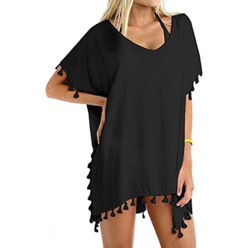 Sexy Women Bikini Cover Up Casual Swimsuit Cover Up Solid Color Tassel Square V Neck Short Sleeve Women Beach Dress Beachwear