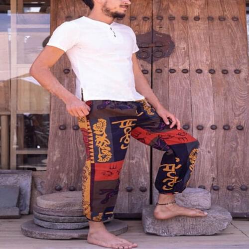 Vintage Print Men Harem Pants Hiphop Cotton Linen Baggy Loose Thai Wide Leg Pants Ethnic Style Trousers Man Streetwear 2020