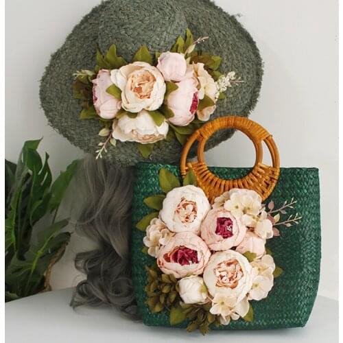 Women Straw Handbag With Sun Hat Female Bamboo Beach Weave Totes Lady Handmade Flowers Vintage Wood Handle Hollow Hags