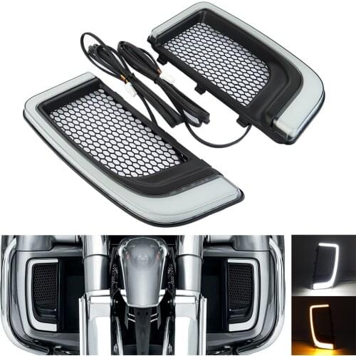 Motorcycle LED Running Fairing Lower Grills Turn Signal Light Plates Radiator Grills For Harley Touring Road Electra Glide