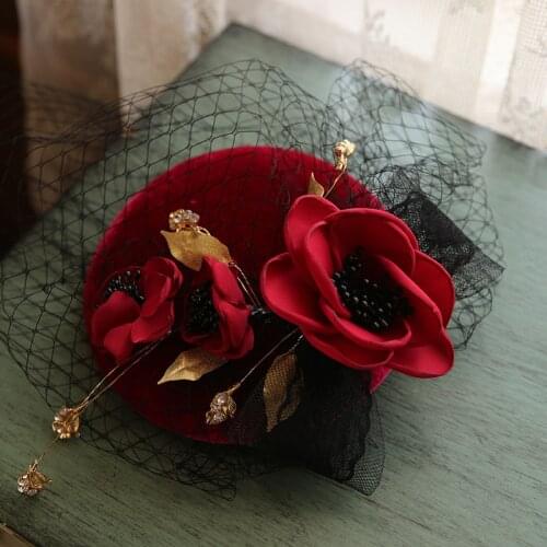 Vintage Ladies Mini Wedding Hat Burgundy Velvet Flower Bride Photo Shooting Headwear Derby Tea Party Fedora Hair Accessories New