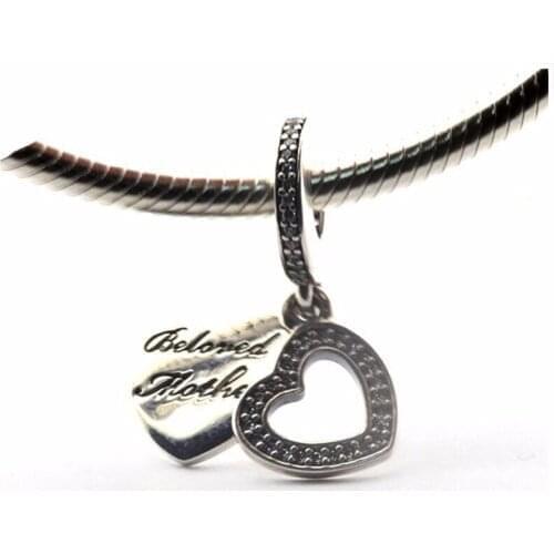 Beloved Mother & Clear CZ Hollow Love Heart Charms for Snake Chain Bracelets Women Silver 925 Jewelry Charms for Jewelry Making